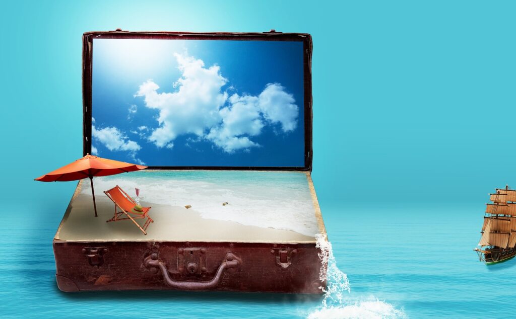 fantasy, to travel, travel, vacations, suitcase, sea, beach, luggage, dreams, holiday plans, travel plans, surreal, nature, imagination, image montage